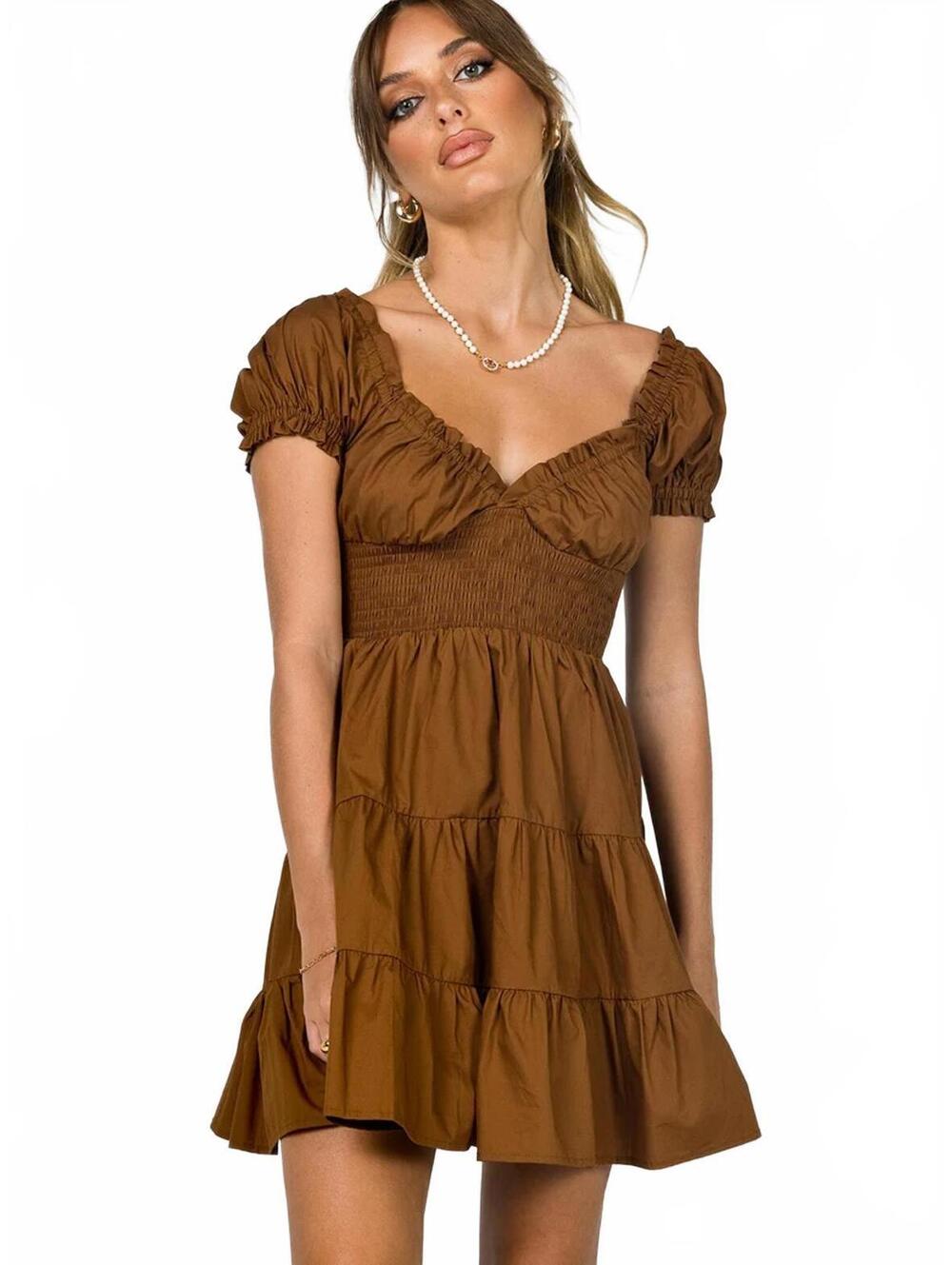 NWT Princess Polly Daniela Chocolate Brown Tiered Ruffle Smocked Mini Dress 6